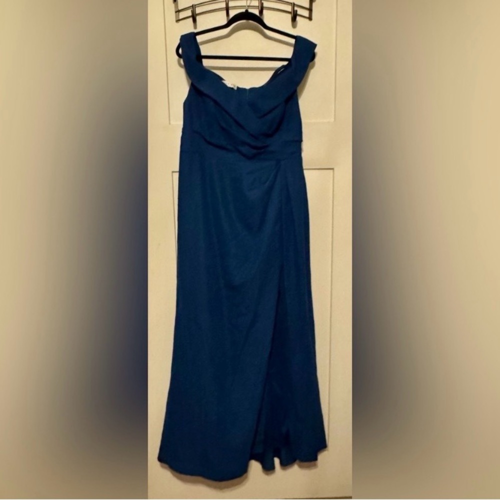 After Six - Deep Teal Atlantic Blue Off the Shoulder Crepe Gown Maxi Dress - Picture 14 of 15